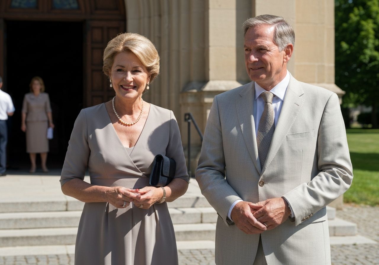 Elegancka para stoi przed kościołem w świetle dziennym, kobieta w sukience, mężczyzna w garniturze.