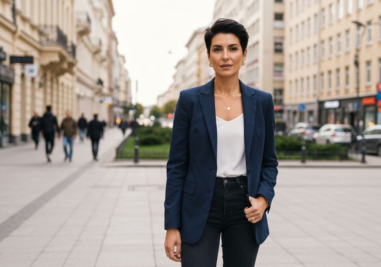 Kobieta w marynarce w miejskim otoczeniu, naturalne światło, pełna sylwetka, rozmyte tło z zielenią i przechodniami