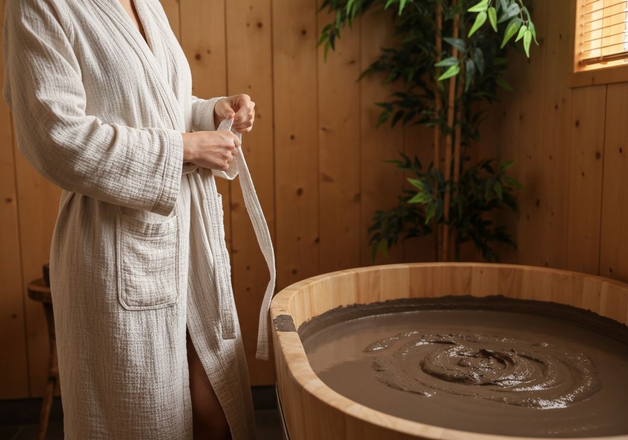 Kobieta w bawełnianym szlafroku przy drewnianej wannie z leczniczym torfem w spa o naturalnym oświetleniu
