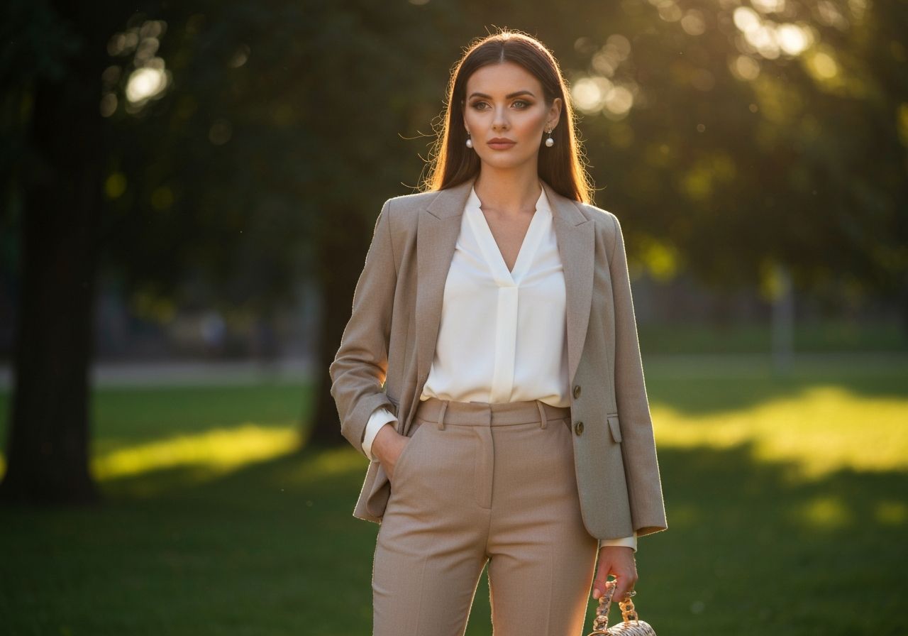 Kobieta w eleganckim garniturze stoi w parku w naturalnym świetle, na złotą godzinę, w relaksującej pozie.